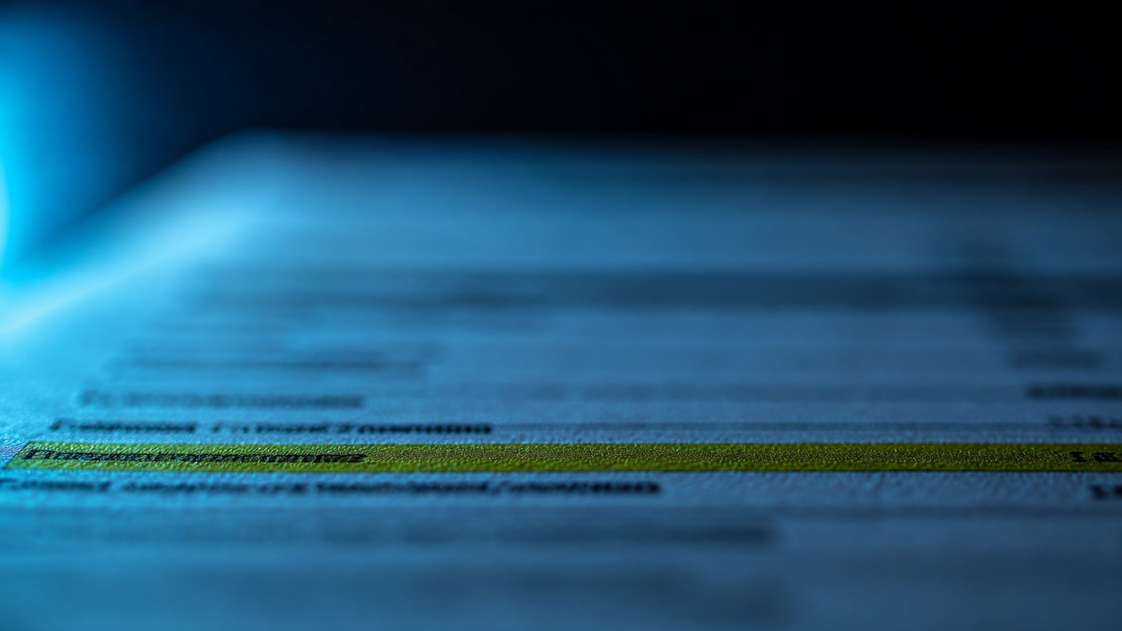 Macro photograph of a printed invoice at a shallow angle, one line marked with a yellow highlighter.
