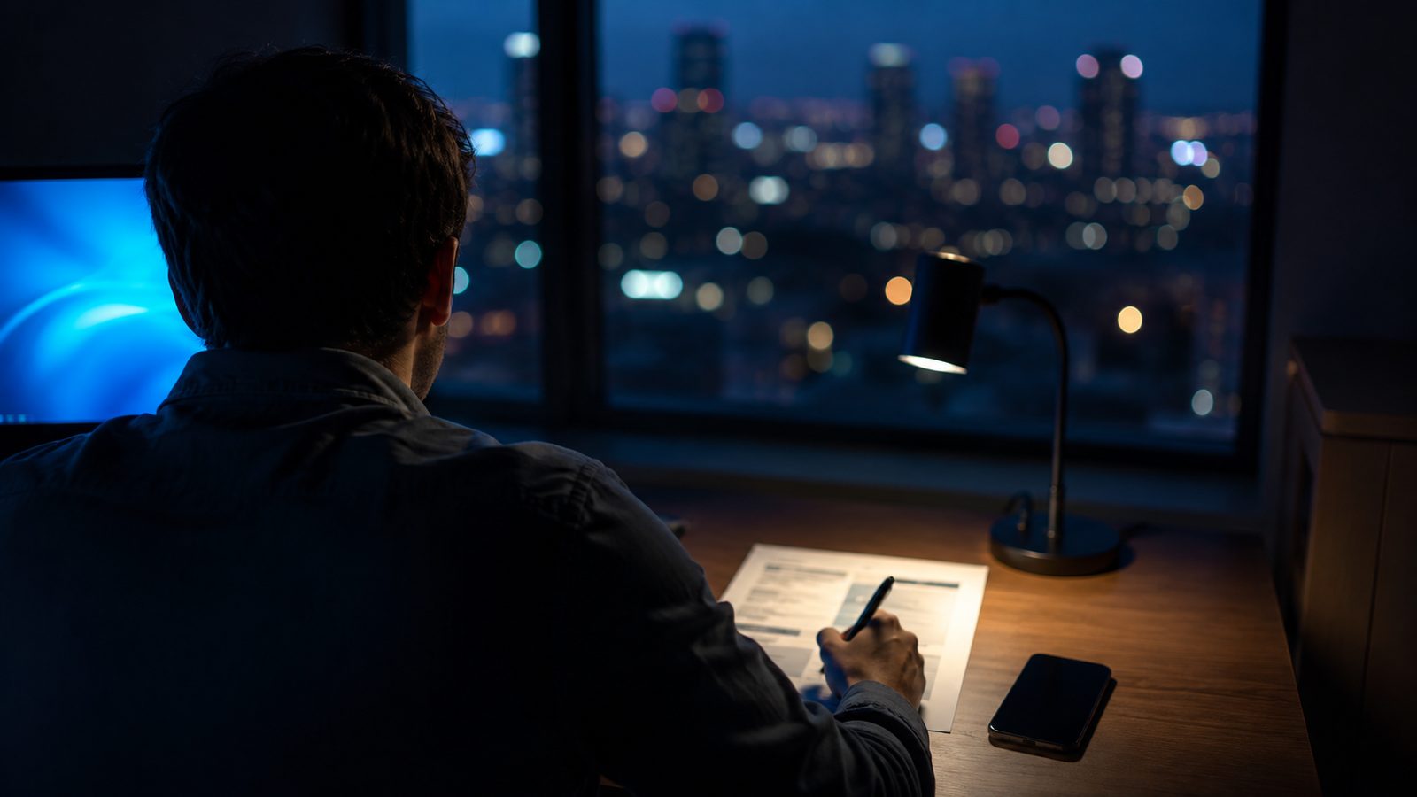A person seen from behind at a desk in the evening, pen in hand over a printed worksheet, city lights out of focus beyond the window.